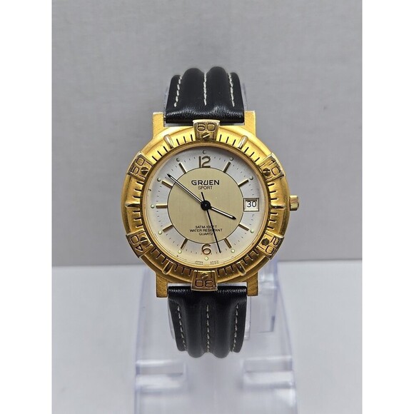 Gruen Sport Quartz Date Gold Tone Bezel 3ATM 100FT Mens Watch New Battery Analog - Picture 1 of 13